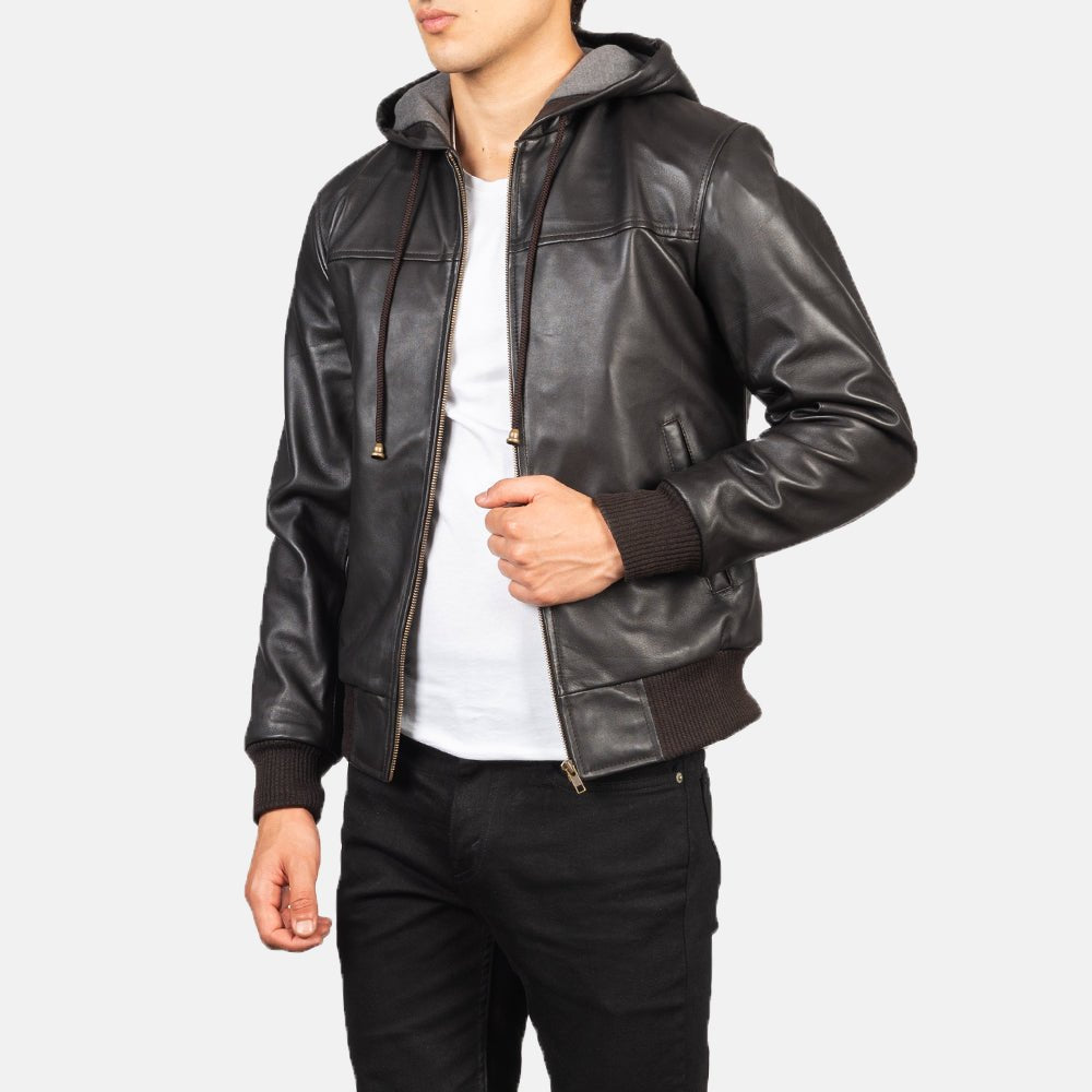 Nintenzo Brown Hooded Leather Bomber Jacket image 6