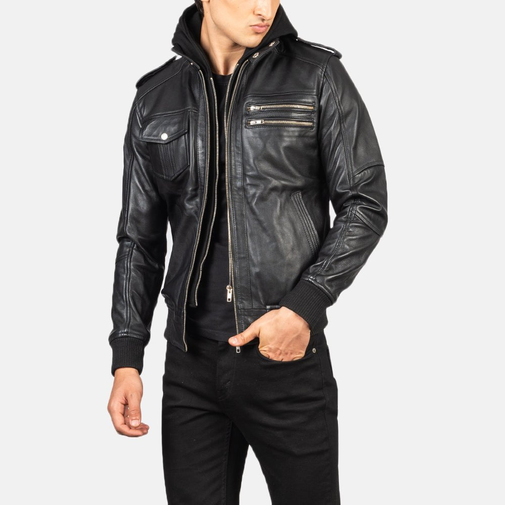 Bravado Black Hooded Leather Bomber Jacket image 5