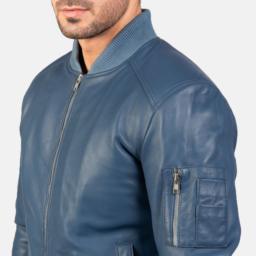 Bomia Ma-1 Blue Leather Bomber Jacket image 5