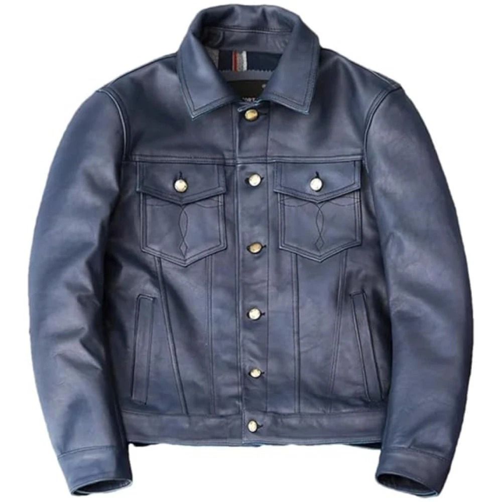 Men’s Vintage Blue Leather Jacket – Slim Fit Genuine Cowhide Motorcycle Coat