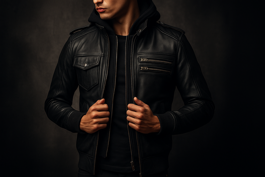 Bravado Black Hooded Leather Bomber Jacket with removable hood on wooden hanger, luxury product shot