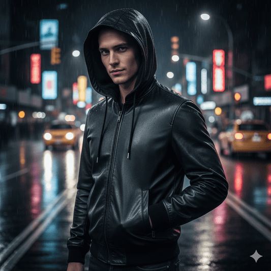 Nintenzo Black Hooded Leather Bomber Jacket