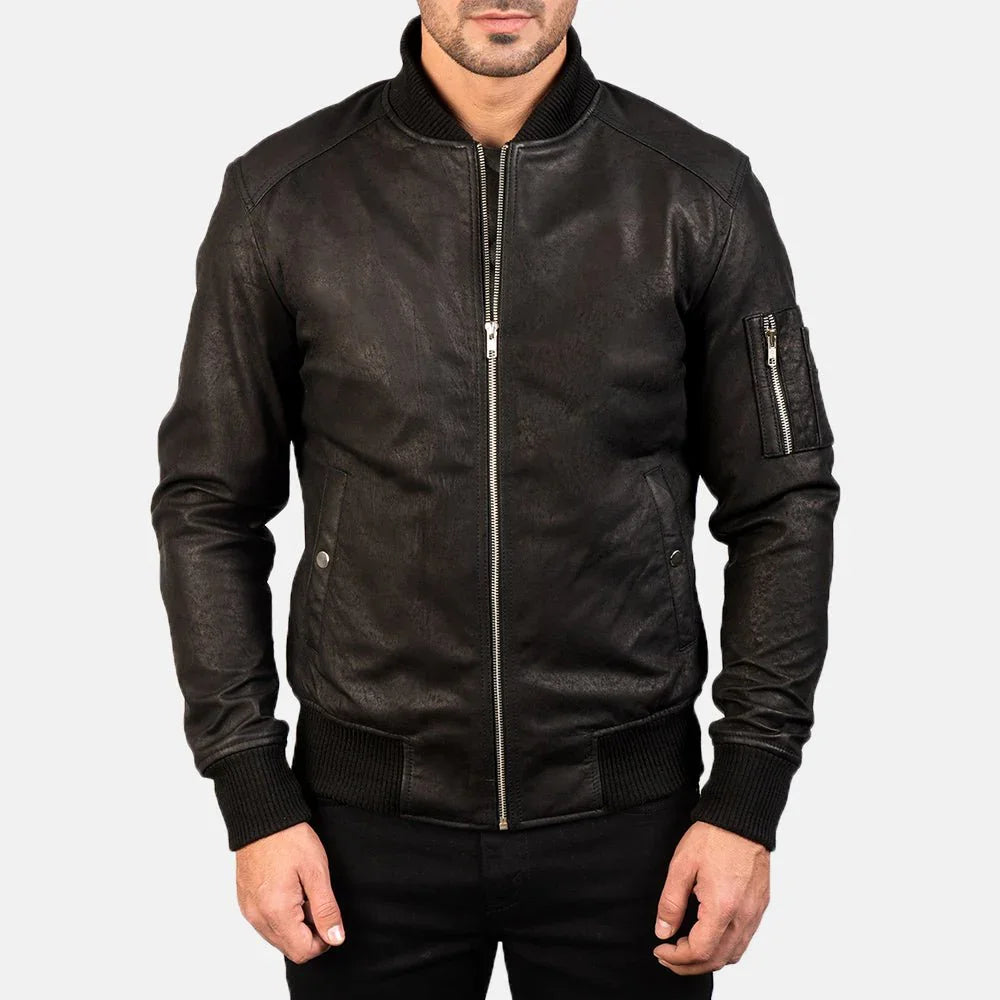 Bomia Ma-1 Distressed Black Leather Bomber Jacket image 2