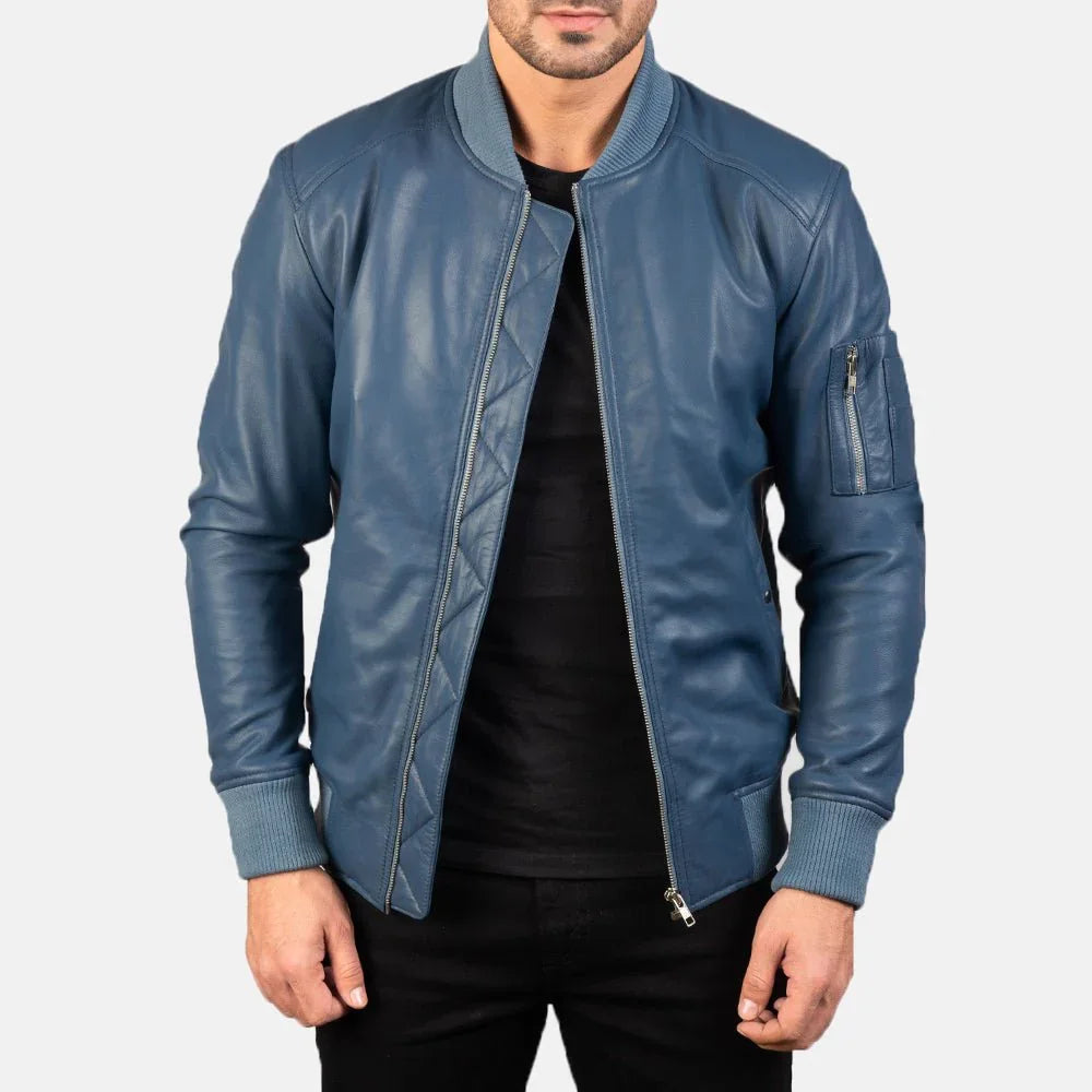 Bomia Ma-1 Blue Leather Bomber Jacket image 0