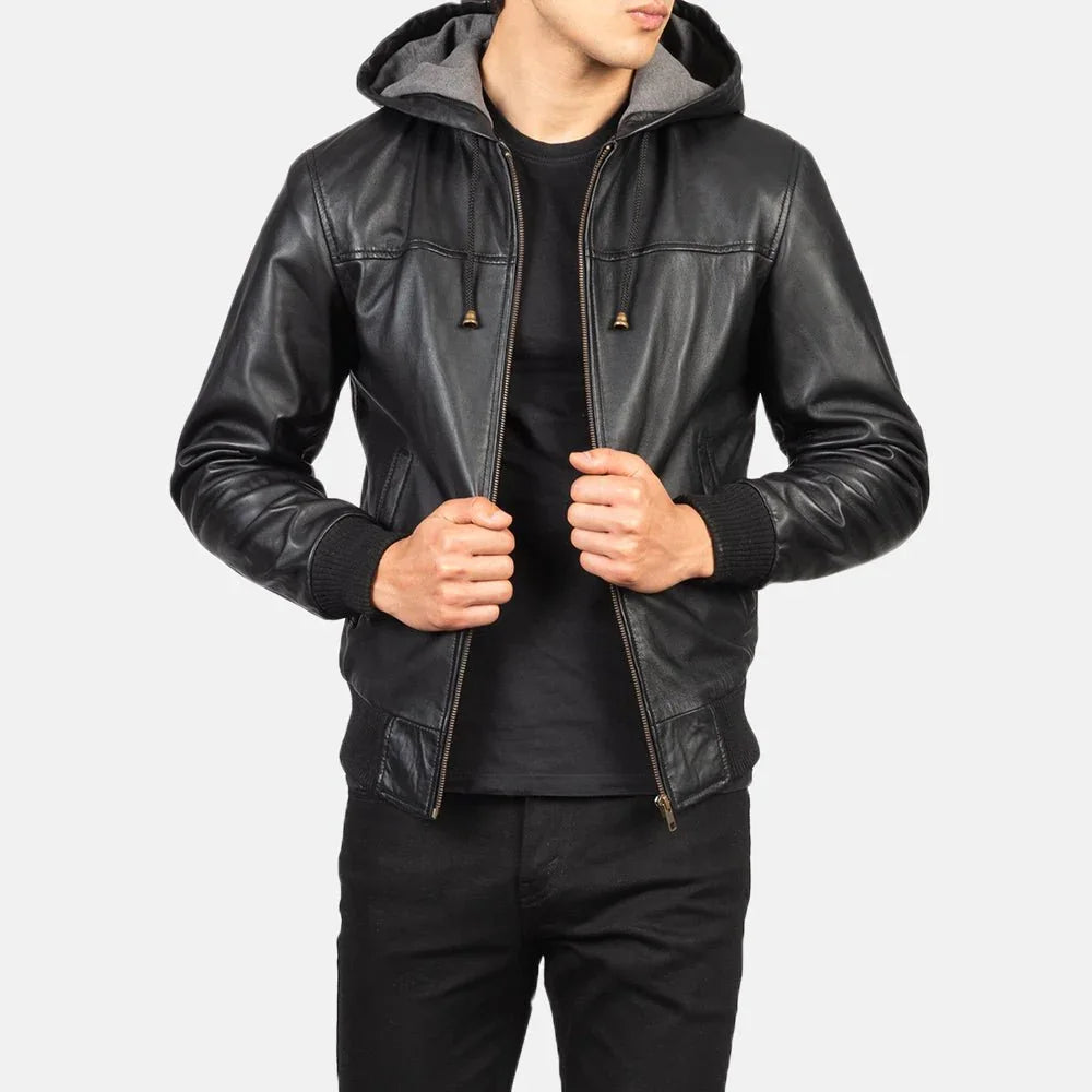 Nintenzo Black Hooded Leather Bomber Jacket image 5