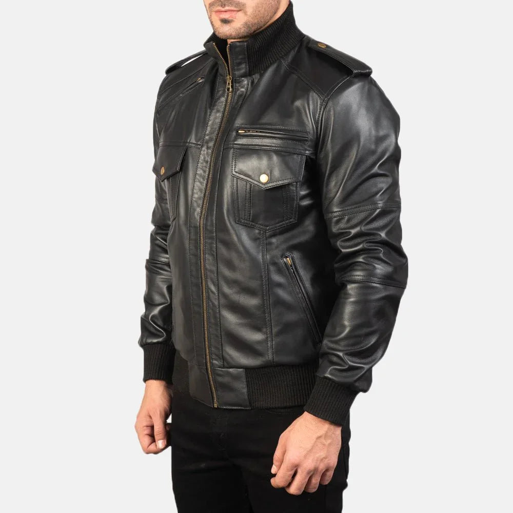 Agent Shadow Black Leather Bomber Jacket image 2