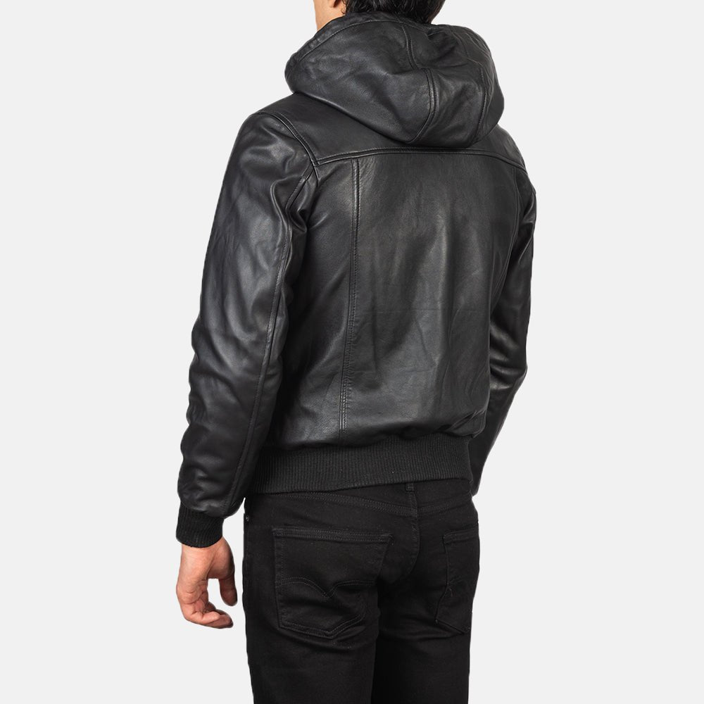 Nintenzo Black Hooded Leather Bomber Jacket image 4