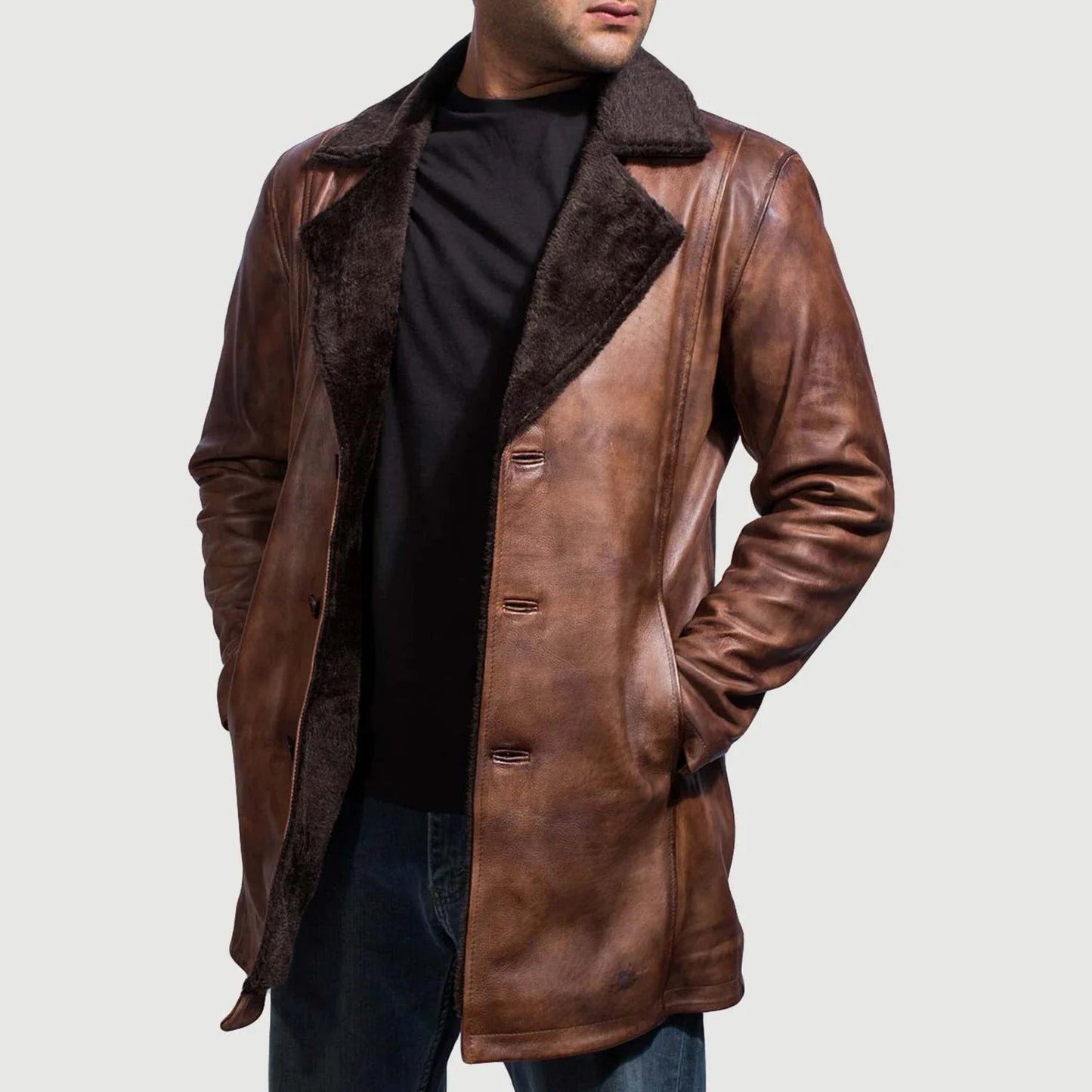 Cinnamon Distressed Leather Fur Coat image 4
