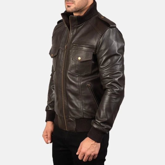 Agent Shadow Brown Leather Bomber Jacket image 1