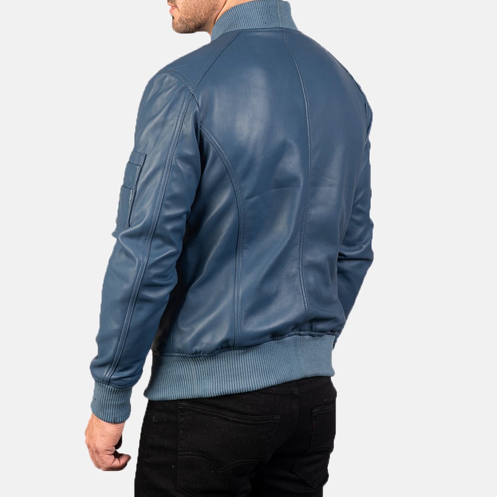 Bomia Ma-1 Blue Leather Bomber Jacket image 4