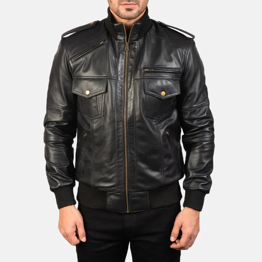 Agent Shadow Black Leather Bomber Jacket image 4