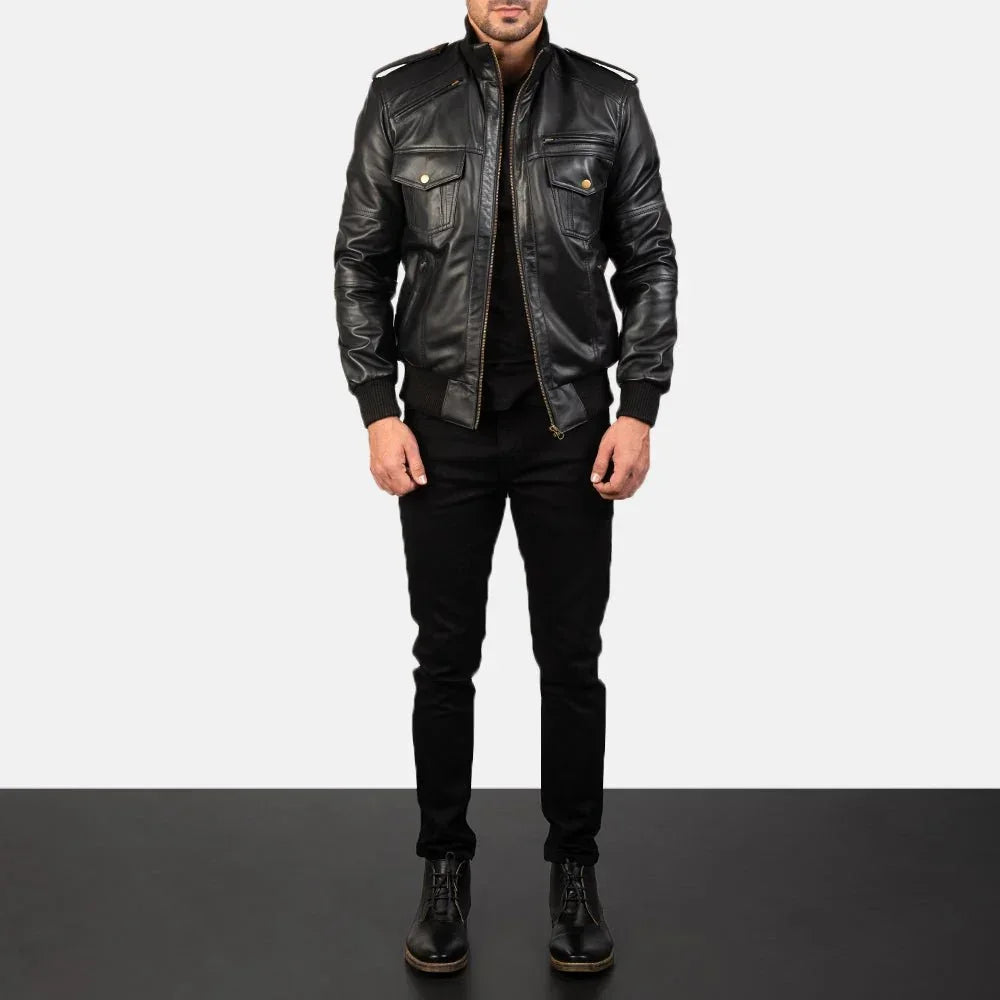 Agent Shadow Black Leather Bomber Jacket image 3