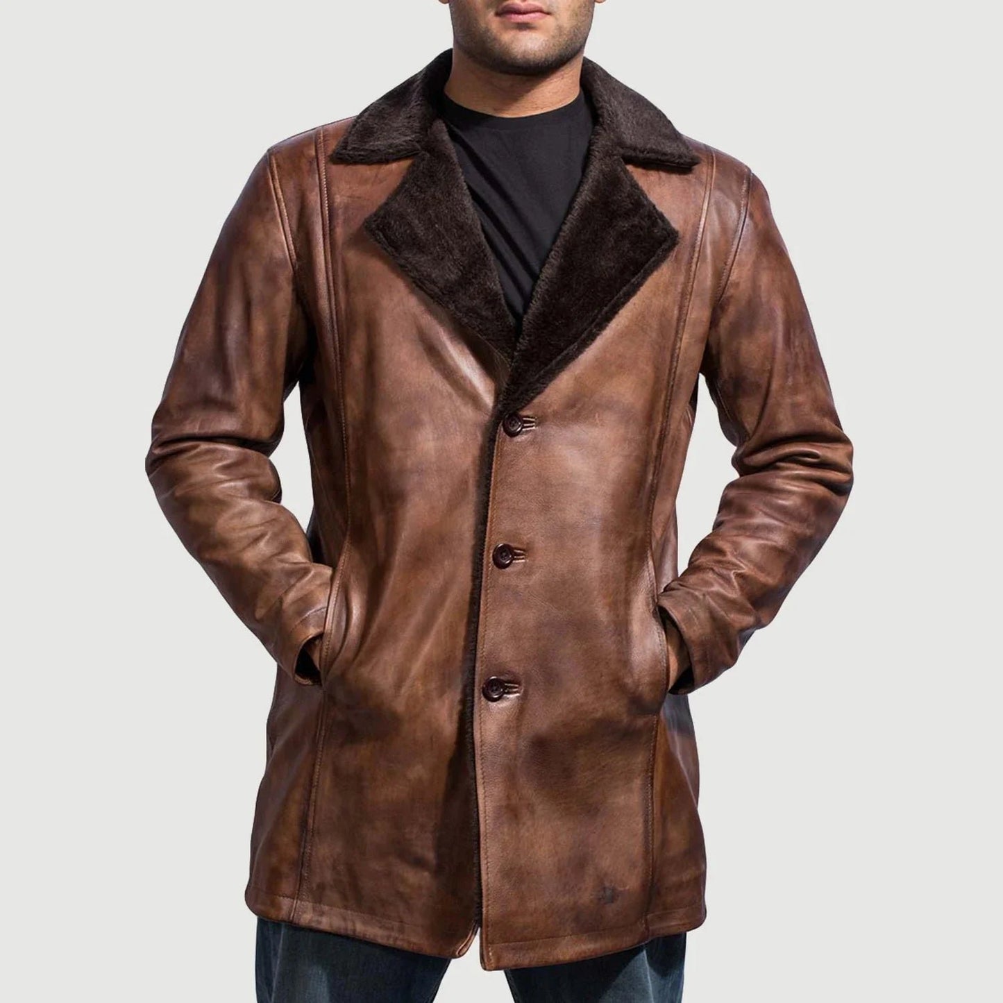 Cinnamon Distressed Leather Fur Coat image 5