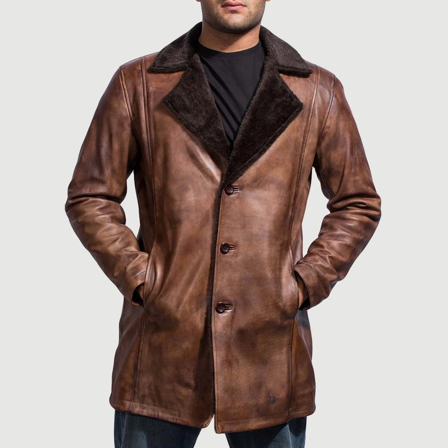 Cinnamon Distressed Leather Fur Coat image 5