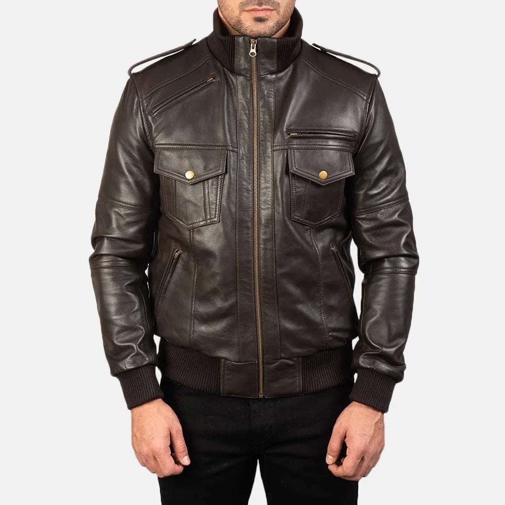 Agent Shadow Brown Leather Bomber Jacket image 3