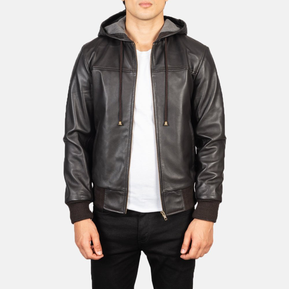 Nintenzo Brown Hooded Leather Bomber Jacket image 1