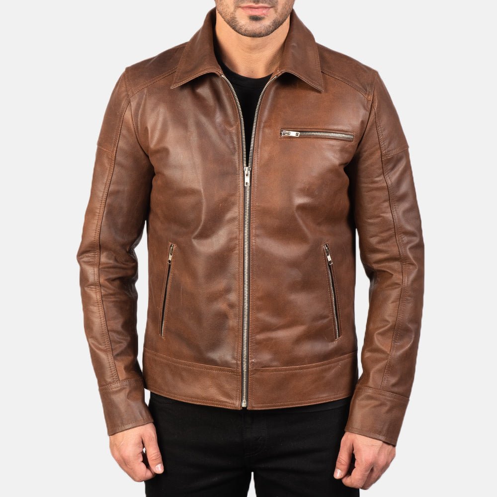 Lavendard Brown Leather Biker Jacket image 3