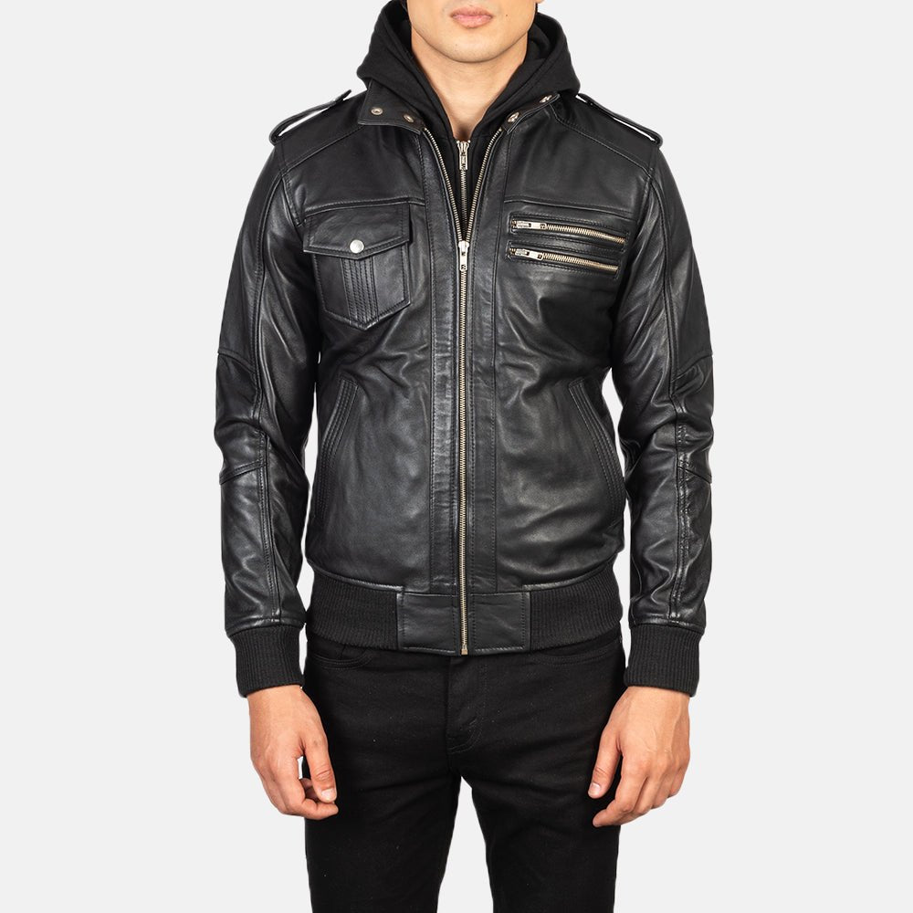 Bravado Black Hooded Leather Bomber Jacket image 2