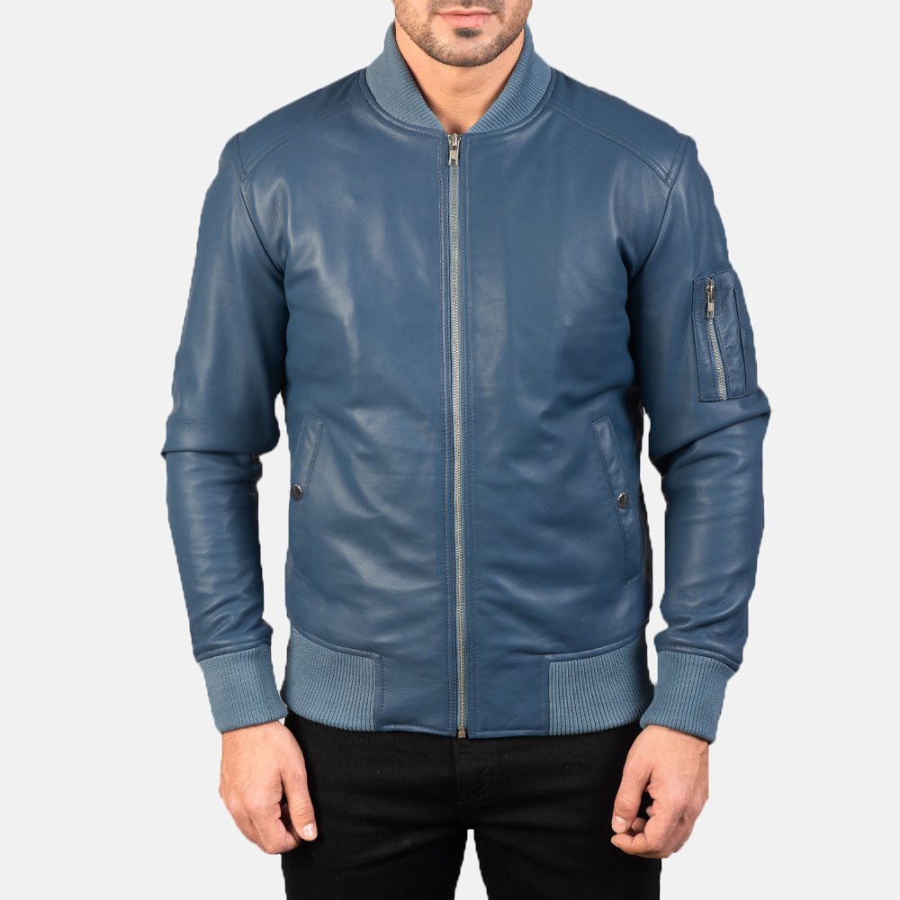 Bomia Ma-1 Blue Leather Bomber Jacket image 3