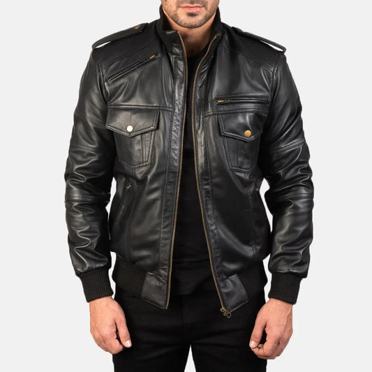 Agent Shadow Black Leather Bomber Jacket image 0
