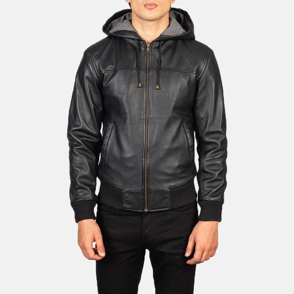 Nintenzo Black Hooded Leather Bomber Jacket image 3
