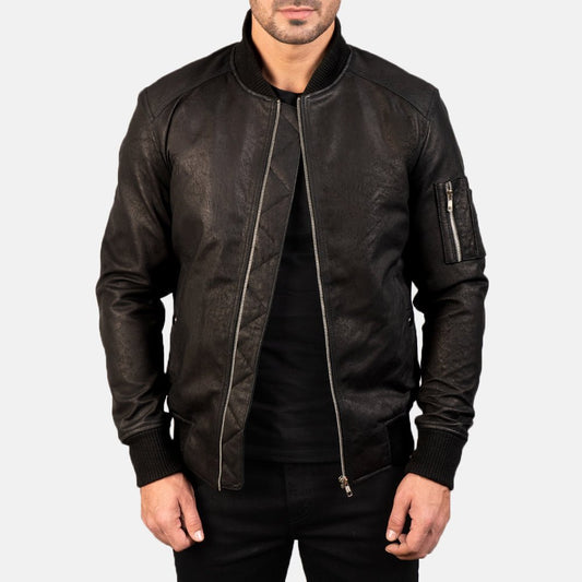 Bomia Ma-1 Distressed Black Leather Bomber Jacket image 0