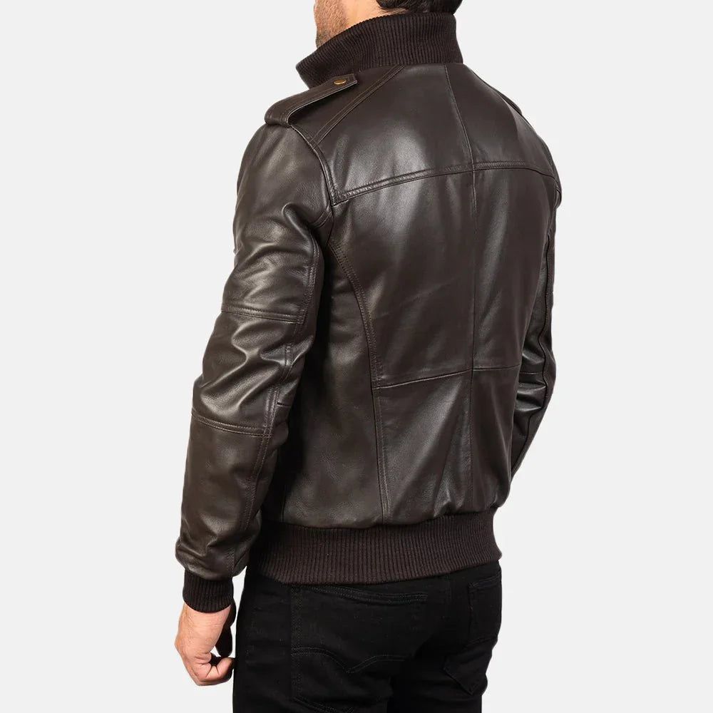 Agent Shadow Brown Leather Bomber Jacket image 4