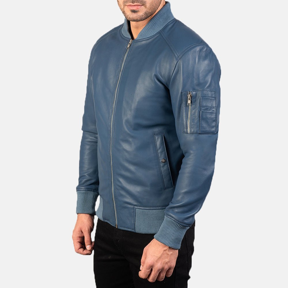 Bomia Ma-1 Blue Leather Bomber Jacket image 1