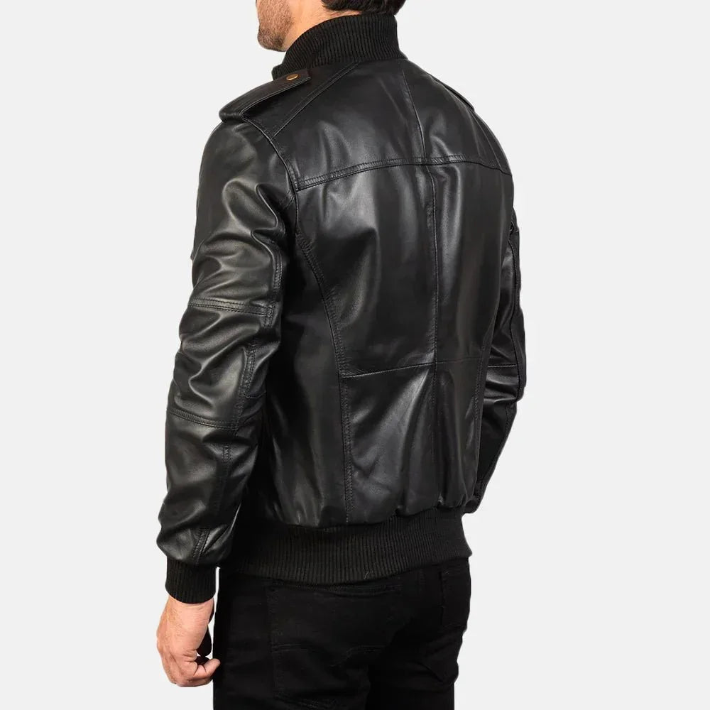 Agent Shadow Black Leather Bomber Jacket image 5