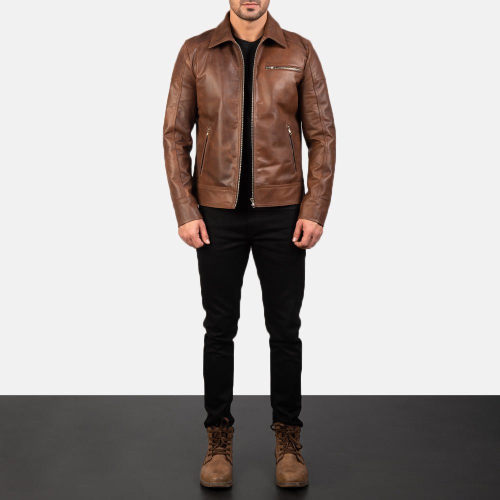 Lavendard Brown Leather Biker Jacket image 4