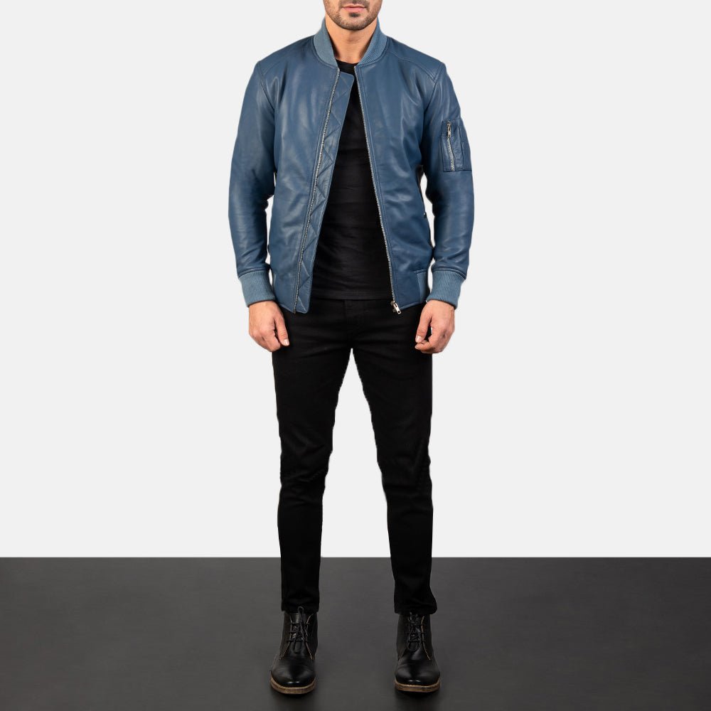 Bomia Ma-1 Blue Leather Bomber Jacket image 2