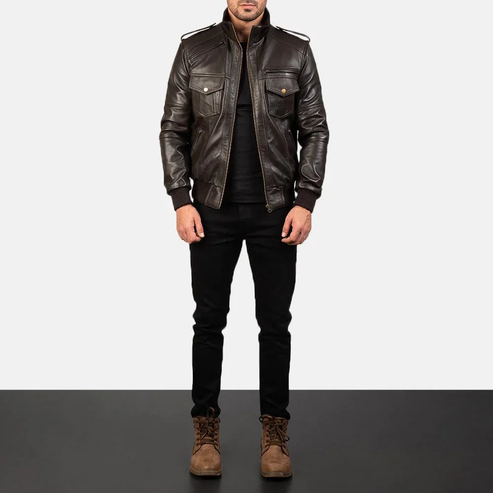 Agent Shadow Brown Leather Bomber Jacket image 2