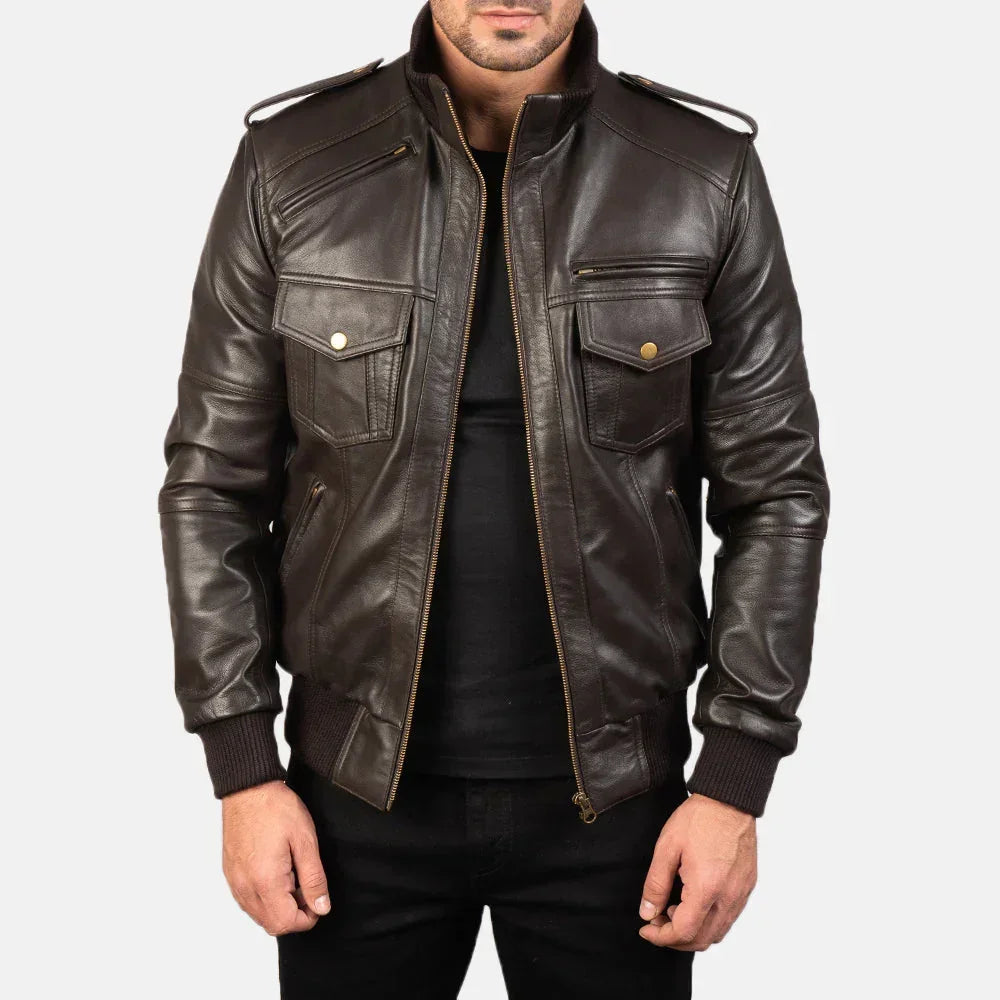Agent Shadow Brown Leather Bomber Jacket image 0