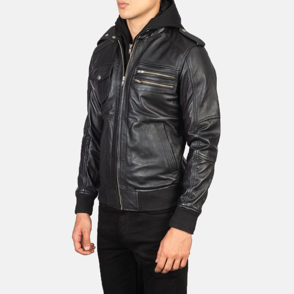 Bravado Black Hooded Leather Bomber Jacket image 1