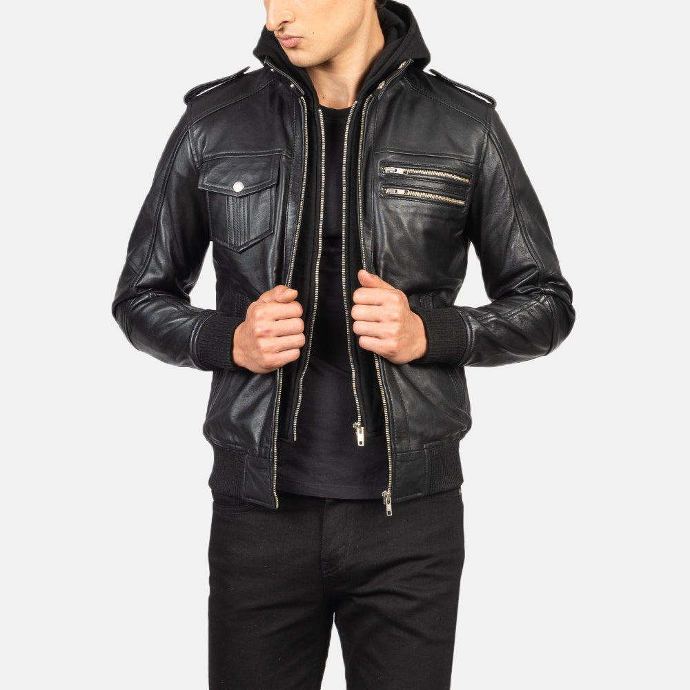 Bravado Black Hooded Leather Bomber Jacket image 0