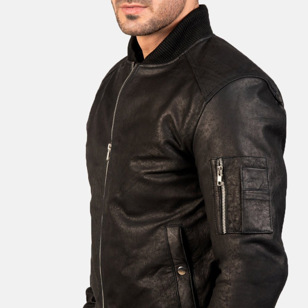 Bomia Ma-1 Distressed Black Leather Bomber Jacket image 4