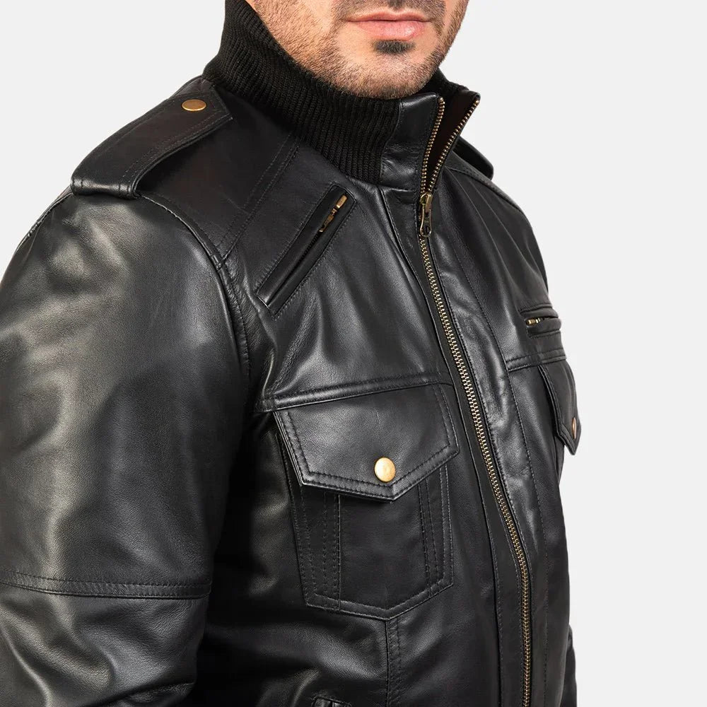 Agent Shadow Black Leather Bomber Jacket image 6