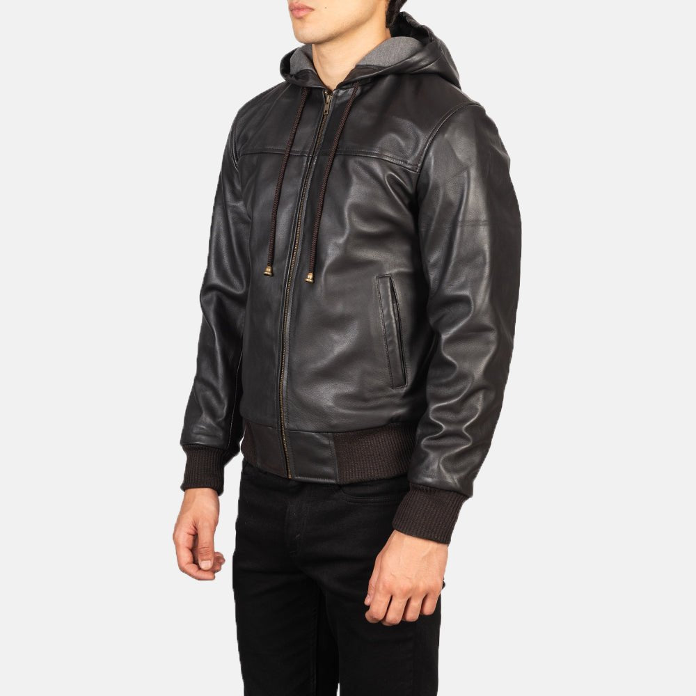 Nintenzo Brown Hooded Leather Bomber Jacket image 2