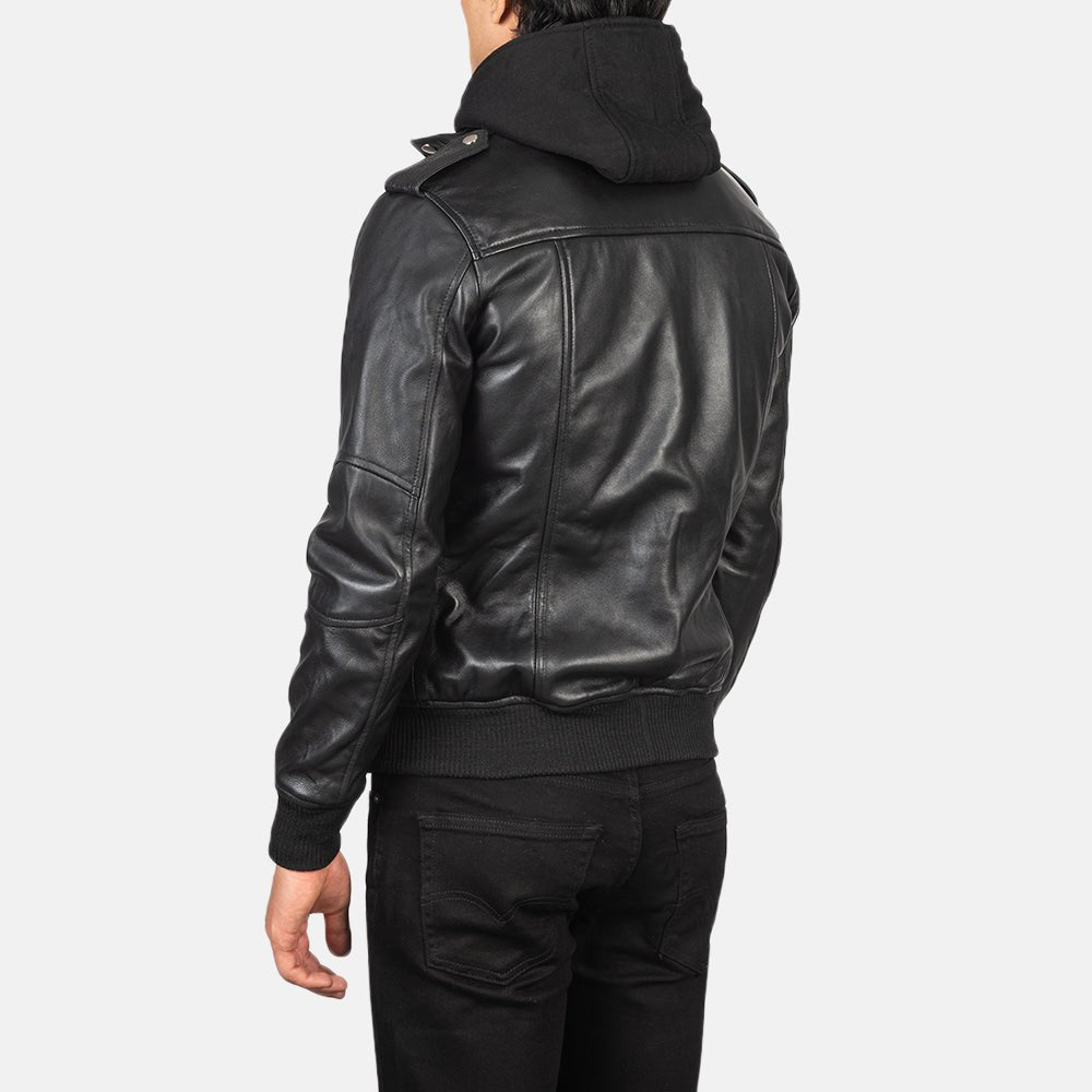 Bravado Black Hooded Leather Bomber Jacket image 4